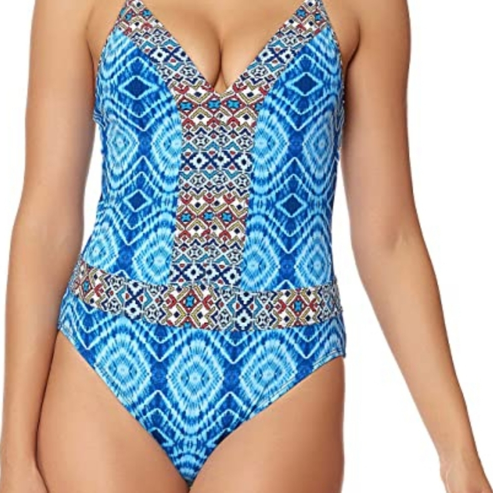 Blue Mykonos print one piece with coverup